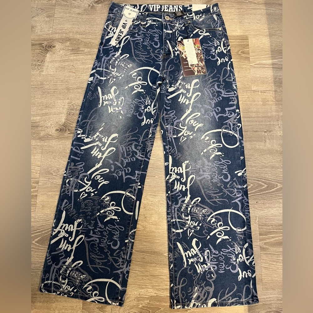 VIP Navy Wide Leg Jeans with White Script